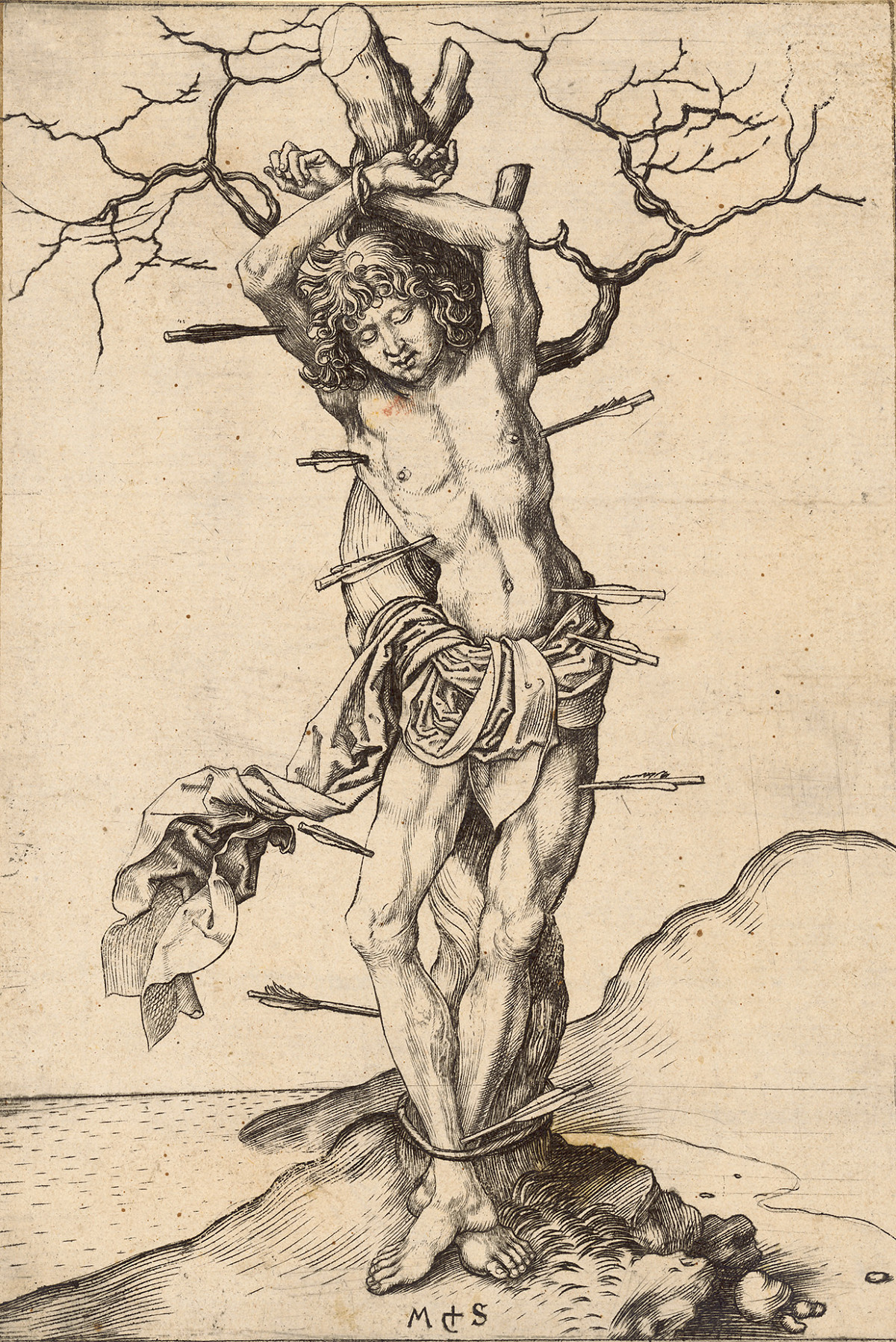 A naked man wearing a loincloth, tied to a bare tree. Arrows are stuck in several places on his body. In the background, there is water and a mountain.