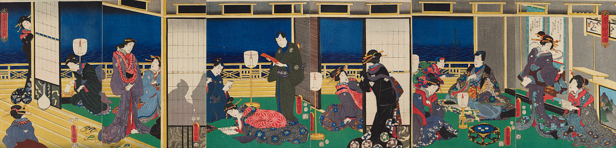 Mehrteilige Szene eines Blicks in ein japanisches Haus, mit Frauen, die um einen Mann sitzen.