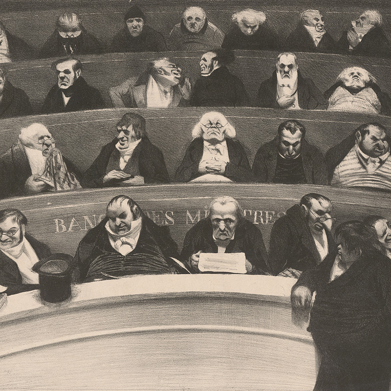 Lithograph showing closely seated men in dark suits on wooden benches in a hall. Credit: Honoré Daumier | Le ventre législatif,1834 | The ALBERTINA MUSEUM, Vienna