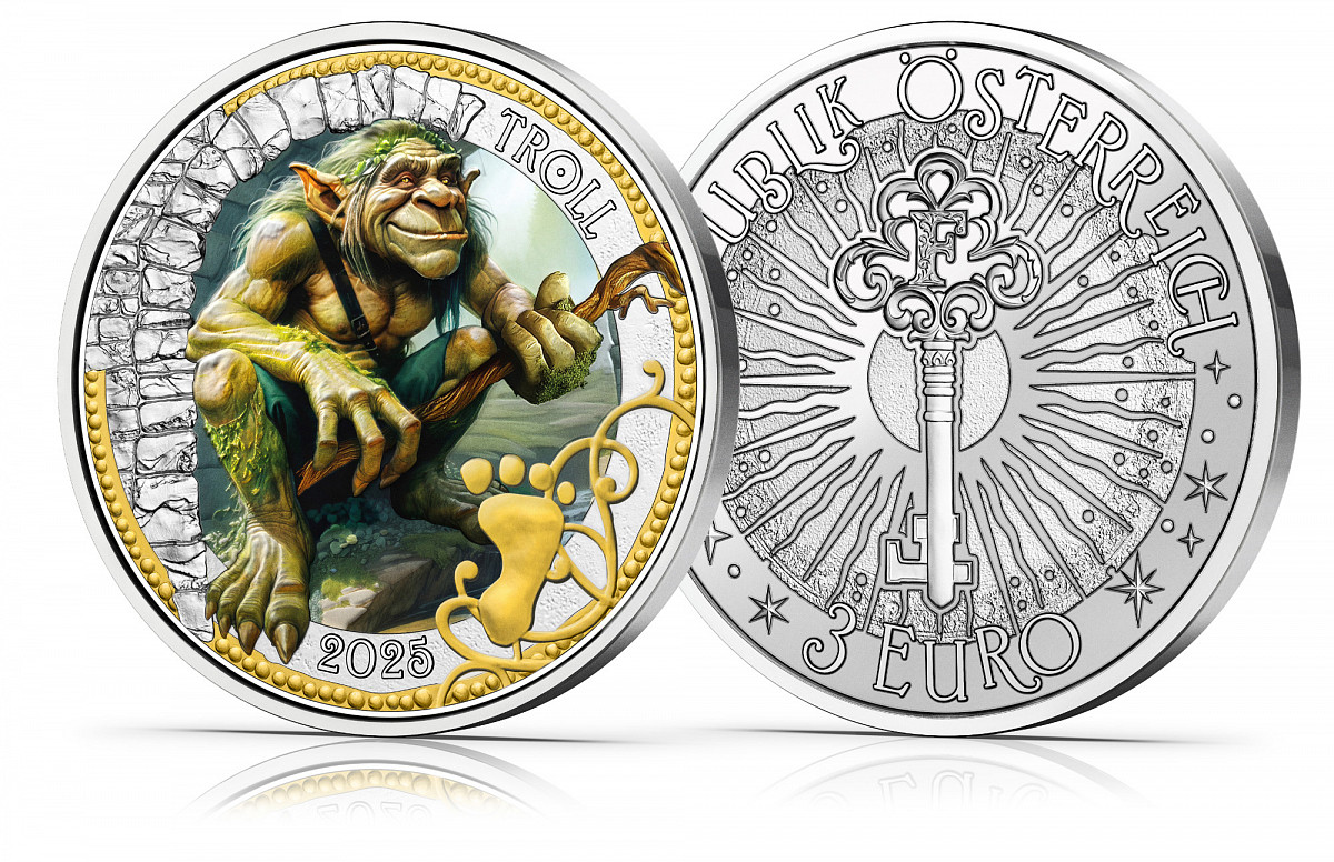Ein Beispiel einer Fabelwesen-3-Euro-Münze, die den Troll auf der einen Seite und einen Schlüssel auf der anderen Seite zeigt.