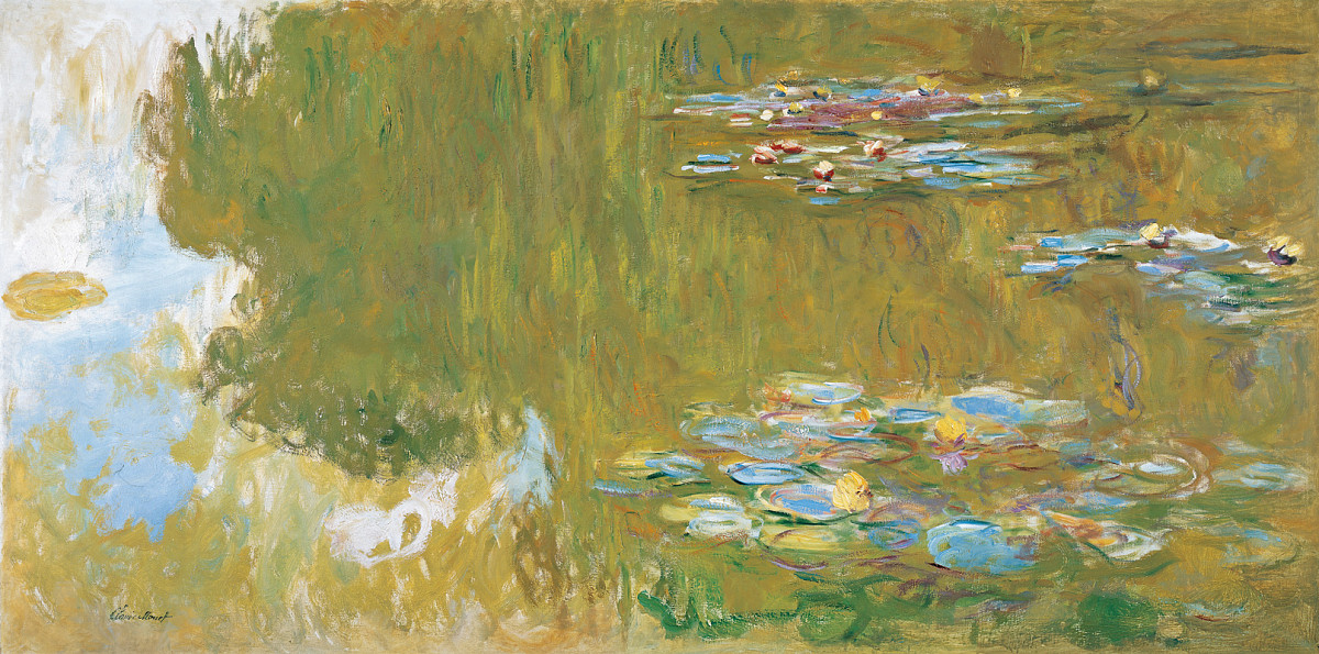 Painting of a pond with water lilies in shades of blue, green and pink, soft, blurred areas of color
