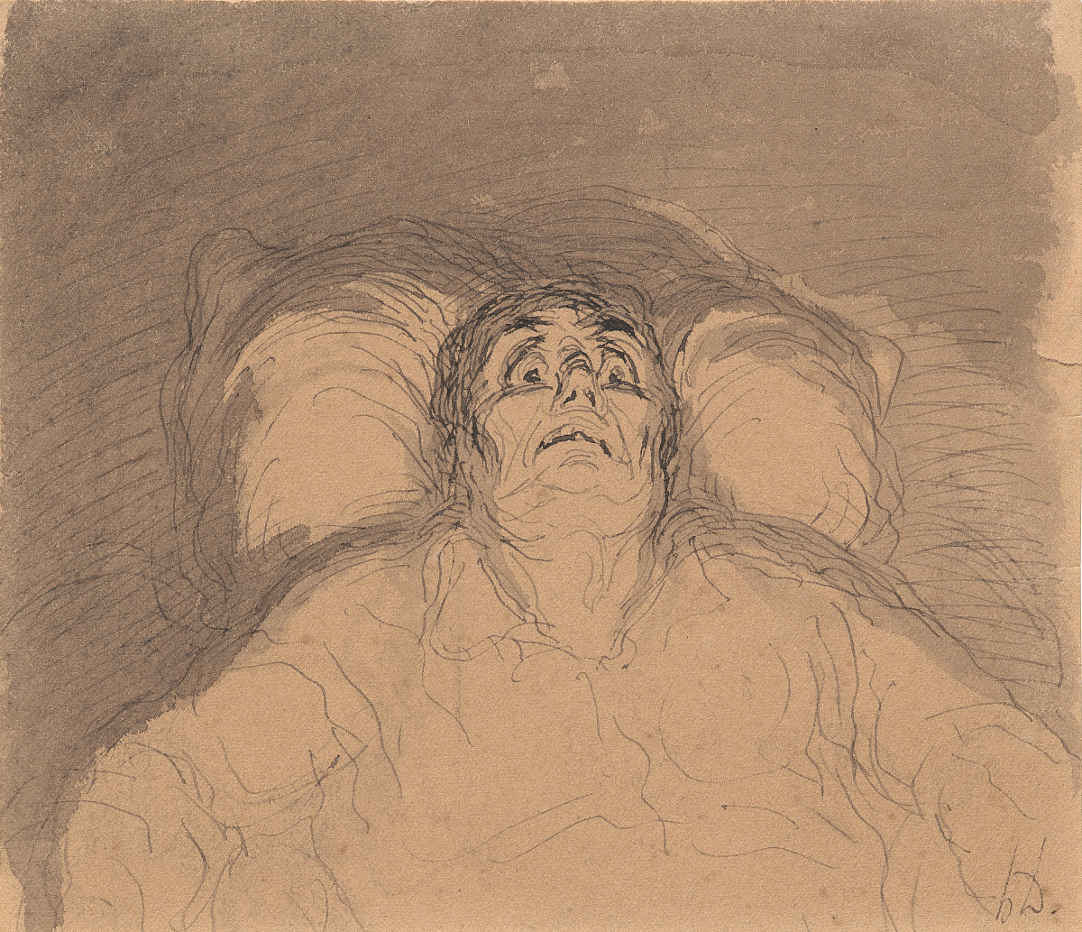 Zeichnung eines Mannes, den Kopf auf einen Polster gelegt, Augen und Mund sind weit aufgerissen.