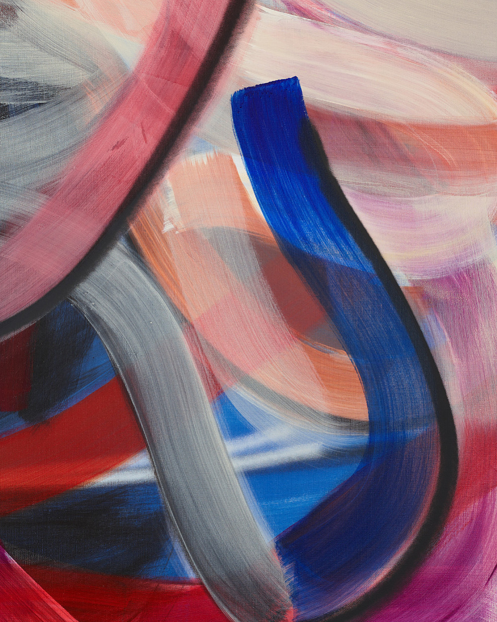 A painting composed of bold, colorful brushstrokes in shades of red and blue.