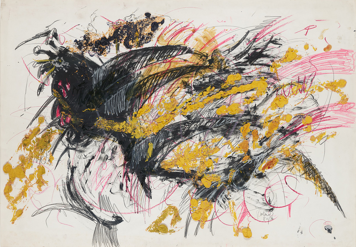 Abstraktes Gemälde in Schwarz, Gold und Pink auf weißem Grund.