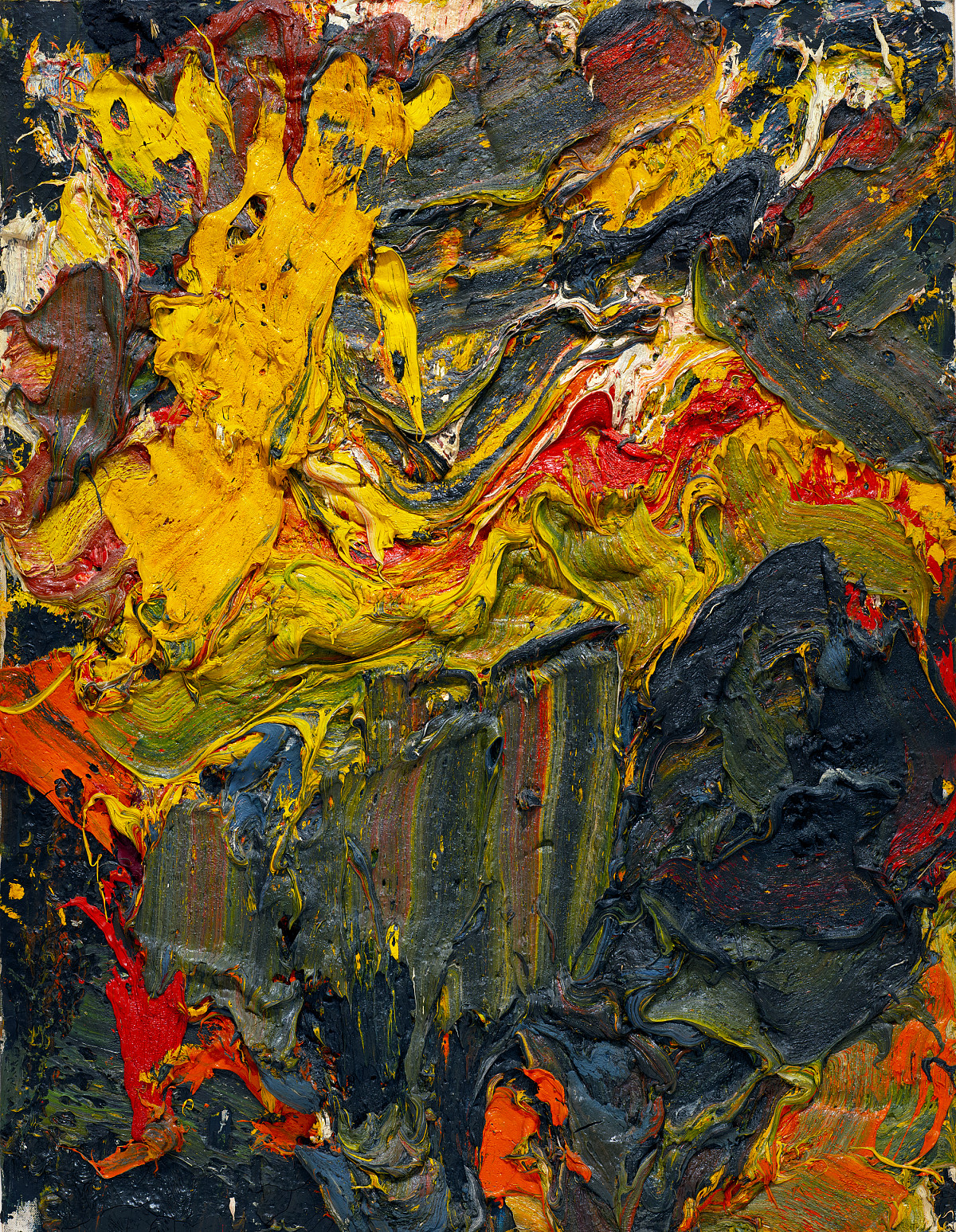 Abstraktes Gemälde mit Rot-, Gelb- und Blautönen, die miteinander vermischt sind und so andere Farben und Strukturen bilden.