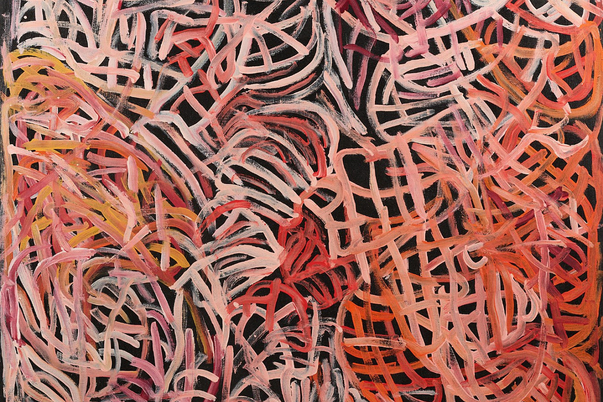 Unzählige, verschlungene Pinselstriche in allen Rot- und Rosatönen, die den schwarzen Hintergrund fast vollständig bedecken.