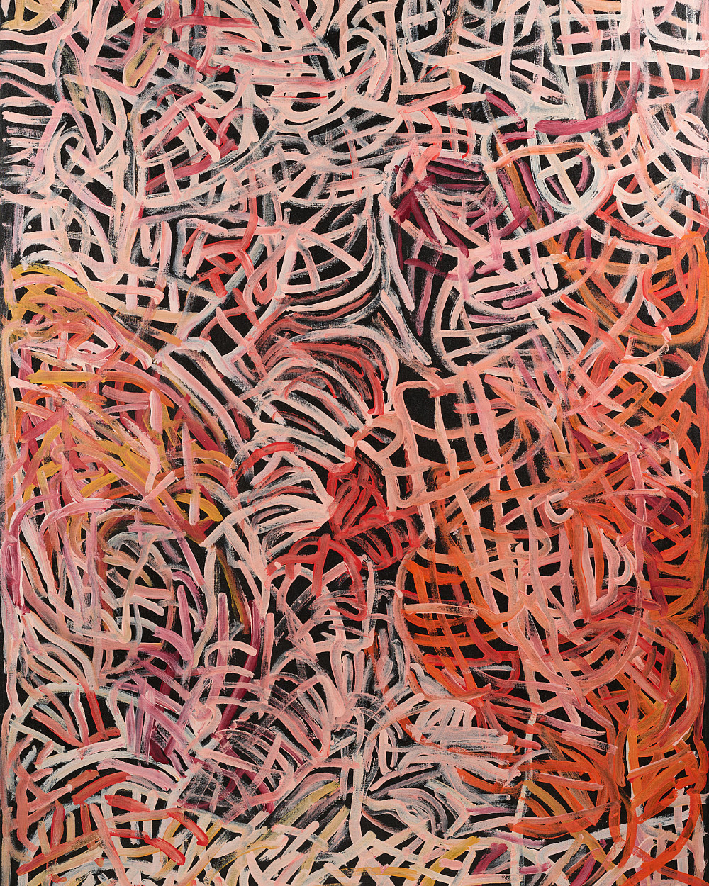 Unzählige, verschlungene Pinselstriche in allen Rot- und Rosatönen, die den schwarzen Hintergrund fast vollständig bedecken.