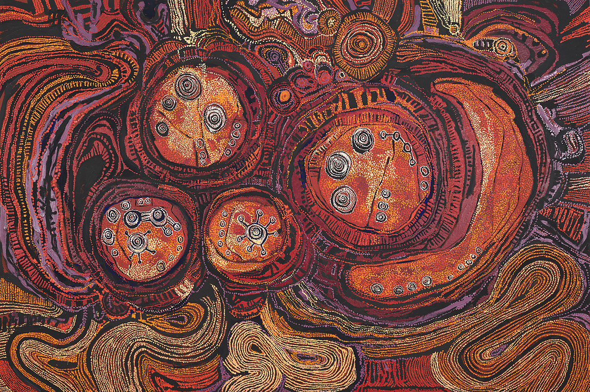 Gepunktete Linien, die abstrakte Formen ergeben. Im Zentrum des Bildes befinden sich mehrere Kreise mit abstrakten Sonnen und Bäumen in der Mitte.