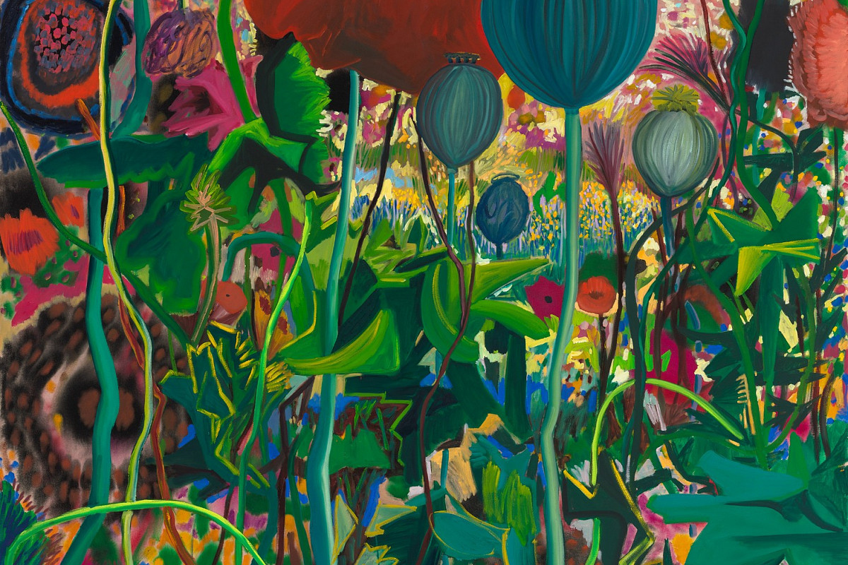 Farbenfrohes Gemälde mit vielen Mohnblumen und Mohnblumenknospen, die in die Höhe wachsen.