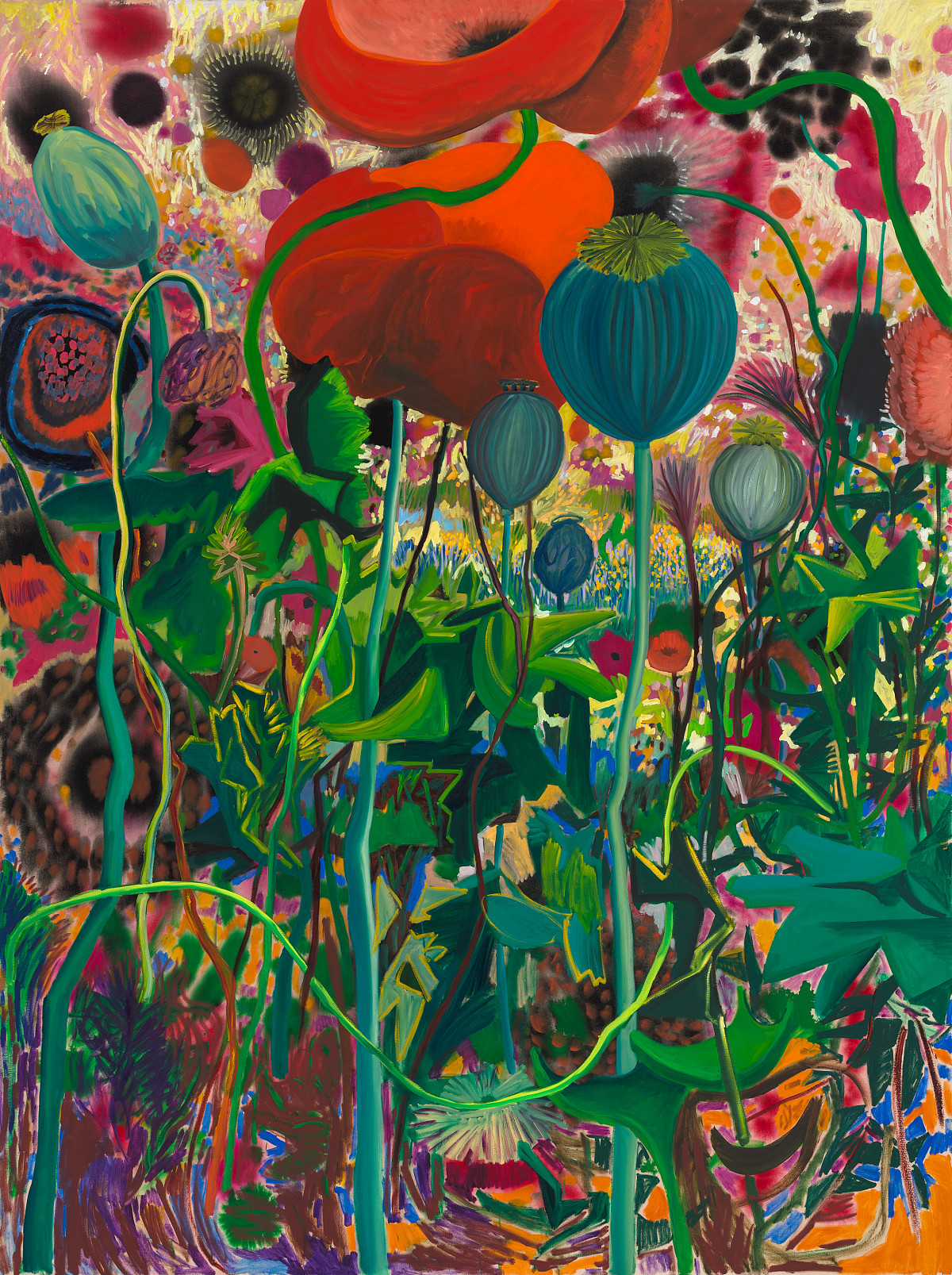 Farbenfrohes Gemälde mit vielen Mohnblumen und Mohnblumenknospen, die in die Höhe wachsen.