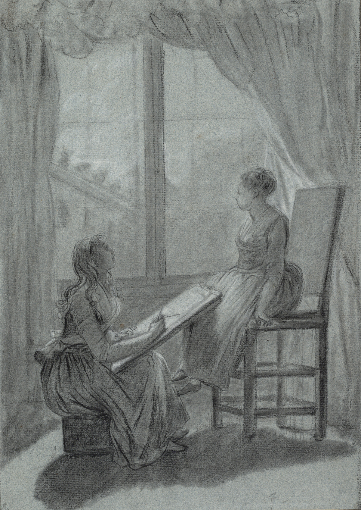 Zeichnung: Eine junge Frau sitzt auf einem Hocker, vor sich ein großes Zeichenblatt auf einer Tafel und einen Stift. Vor ihr sitzt ein kleines Mädchen auf einem hohen Stuhl und blickt aus dem Fenster.