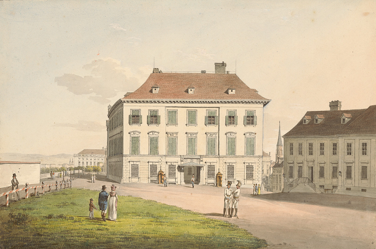 Ansicht des Palais Herzog Alberts in Wien, klassizistische Fassade, umgeben von Gartenanlage, Aquarell auf Papier.