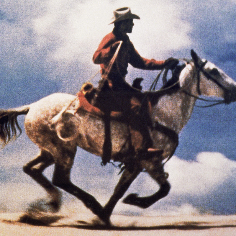 Farbfotografie eines Cowboys auf einem galoppierenden Pferd in weiter Landschaft; großformatiger, horizontaler Bildausschnitt.