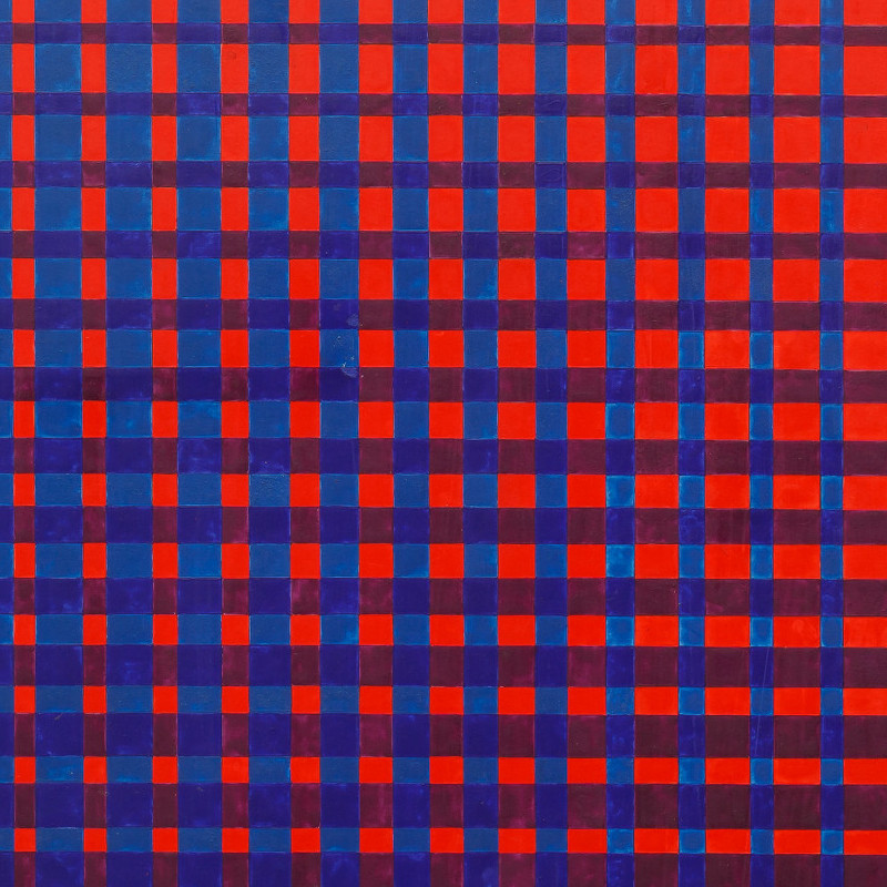 Ein quadratisches Bild bestehend aus gleich großen, rechteckigen Feldern in einem Farbverlauf von blau bis rot. Credit: Helga Philipp | Ohne Titel, 1968 | Privatsammlung, Wien © Nachlass Helga Philipp | Foto: Axel Schneider, Frankfurt am Main