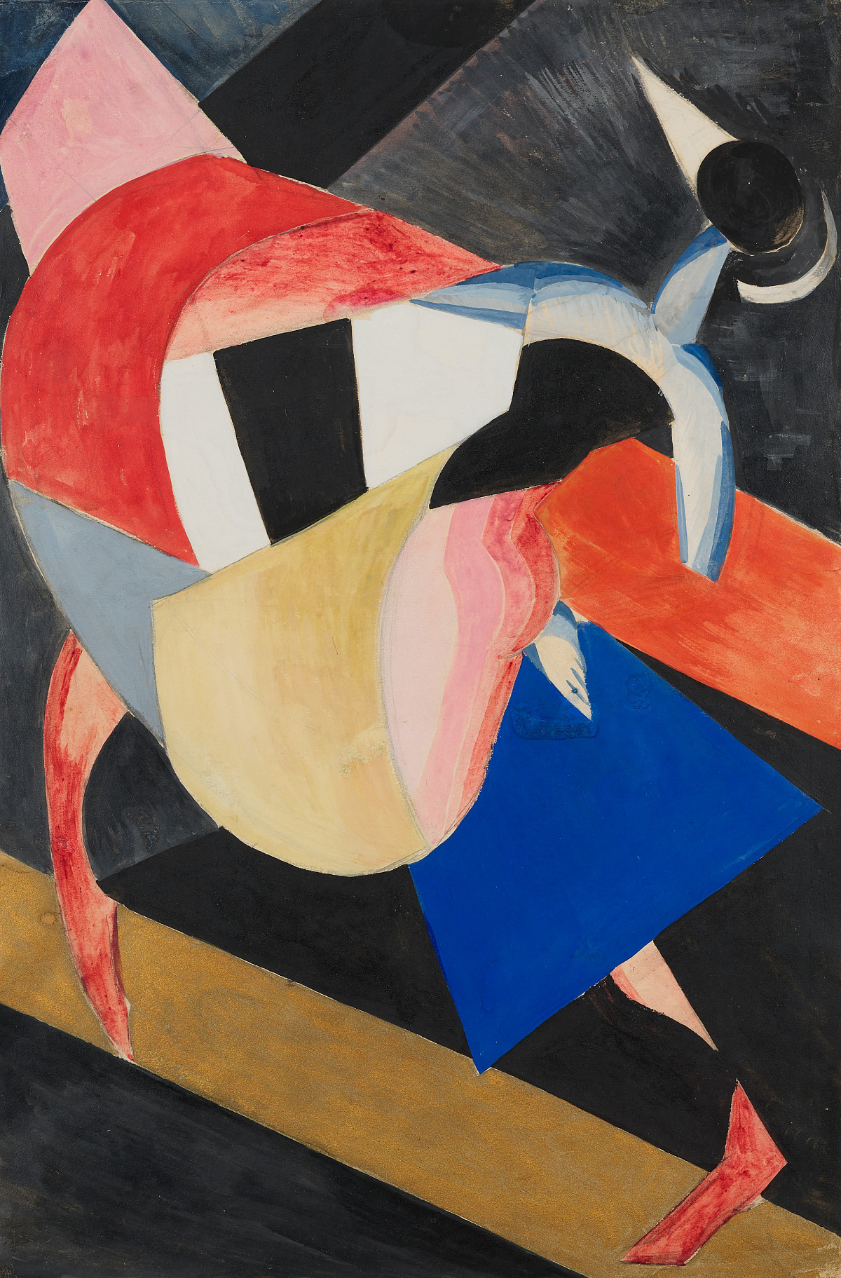 Abstraktes Gemälde einer Figur in Bewegung, die aus unterschiedlichen Formen zusammengesetzt ist.