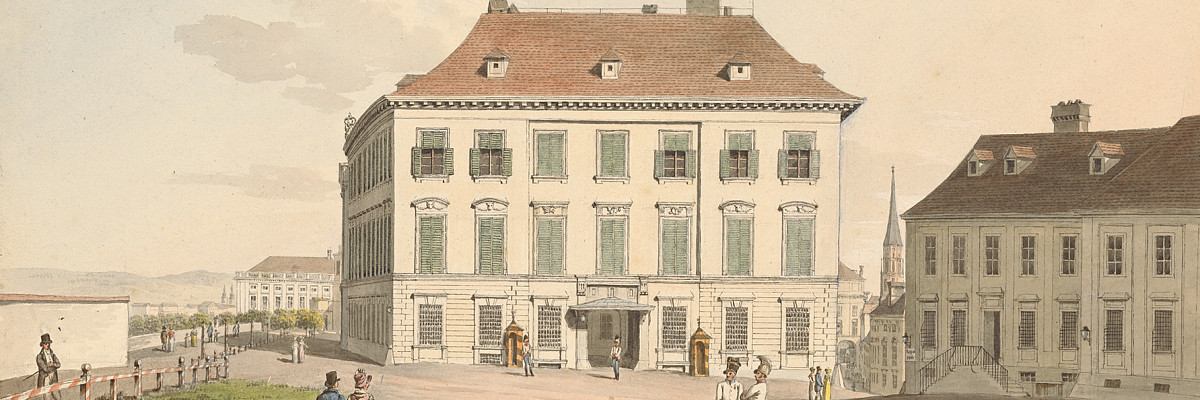 Ansicht des Palais Herzog Alberts in Wien, klassizistische Fassade, umgeben von Gartenanlage, Aquarell auf Papier.