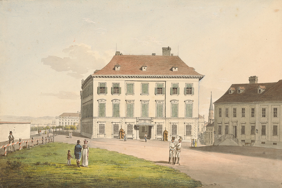 Ansicht des Palais Herzog Alberts in Wien, klassizistische Fassade, umgeben von Gartenanlage, Aquarell auf Papier.