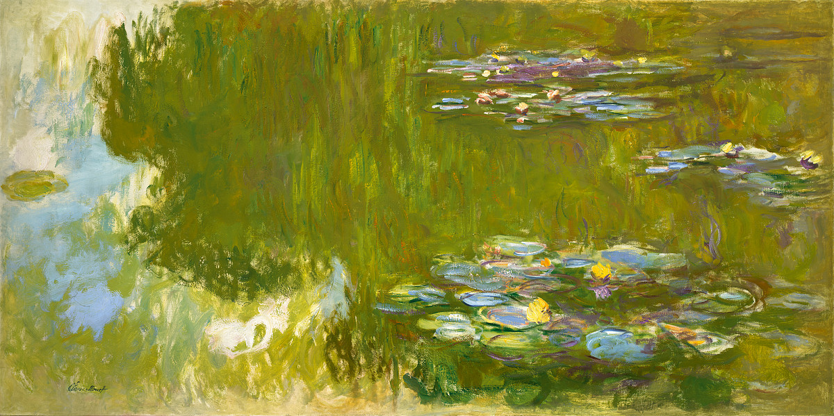 Gemälde eines Teichs mit Seerosen in Blau-, Grün- und Rosatönen, weiche, verschwimmende Farbflächen. Credit: Claude Monet | Der Seerosenteich, 1917-1919 | ALBERTINA, Wien – Sammlung Batliner