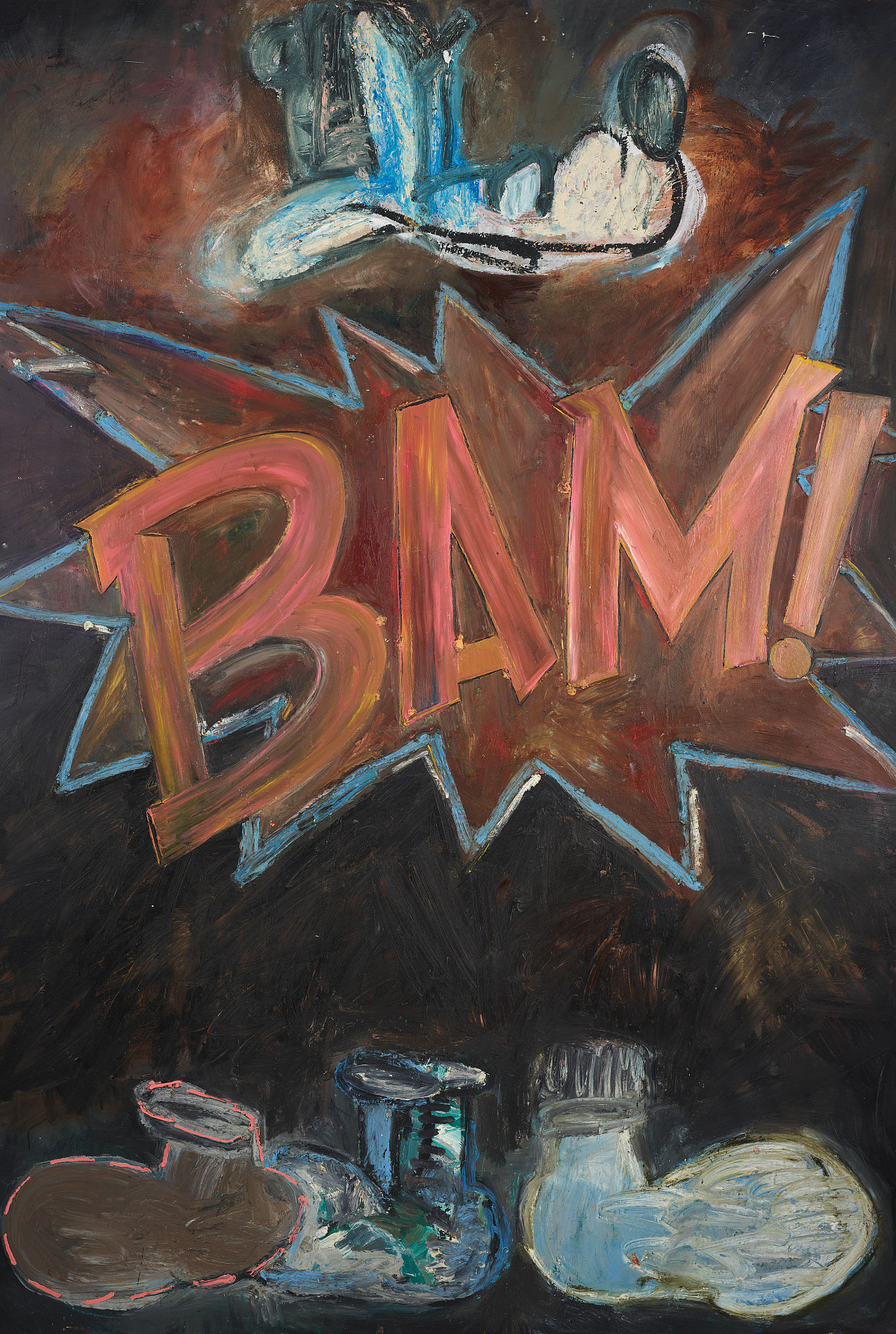 Gemälde einer Figur, die an Goofy erinnert und vor der groß in Comicschrift ,,Bam!'' steht.