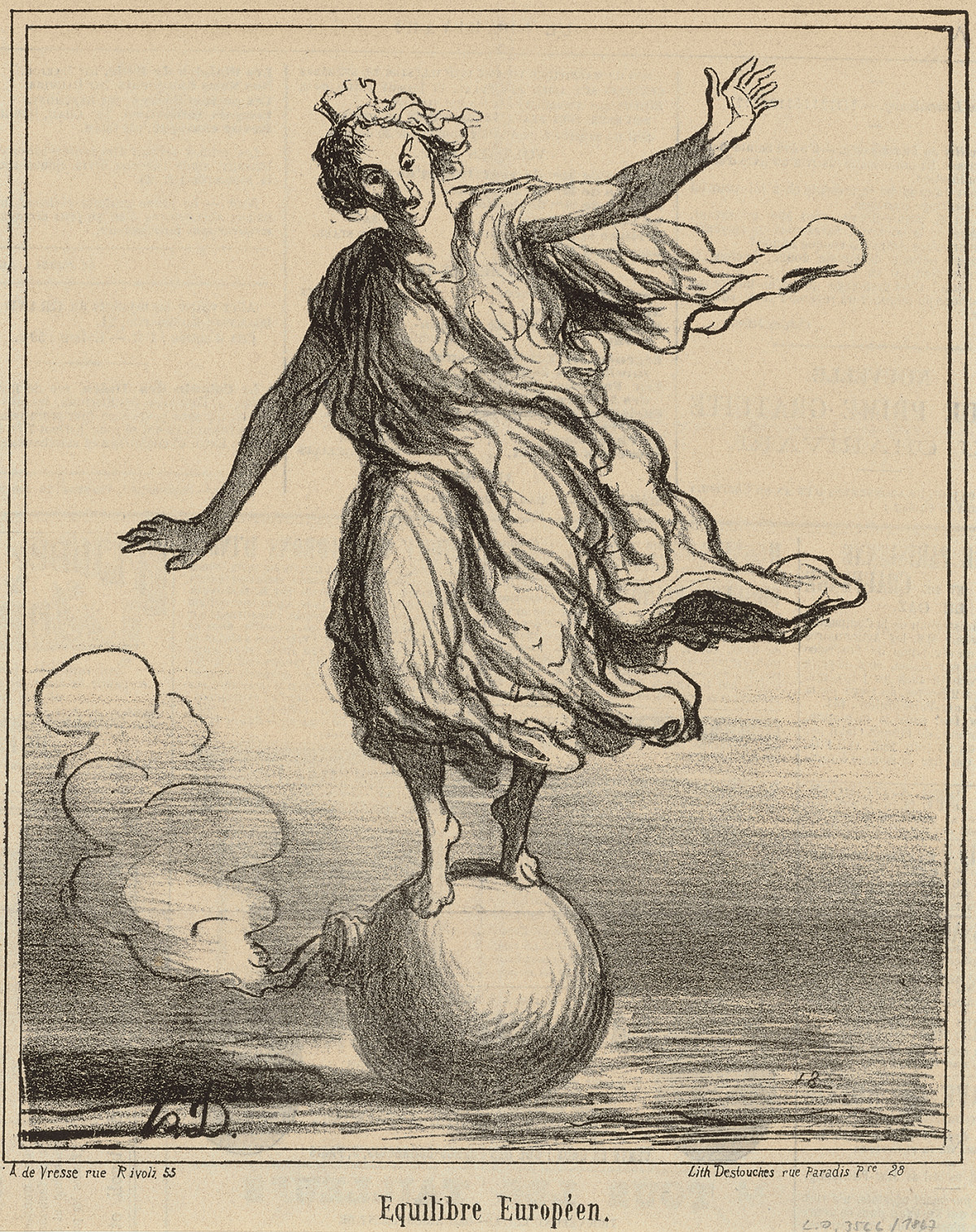 Caricature of a woman standing on a sphere, maintaining balance.