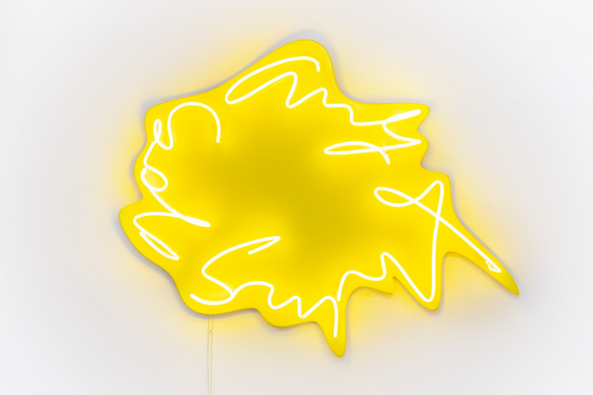 Neon sign that looks like a speech bubble with the words “Anything goes” written in curved letters on the edge.