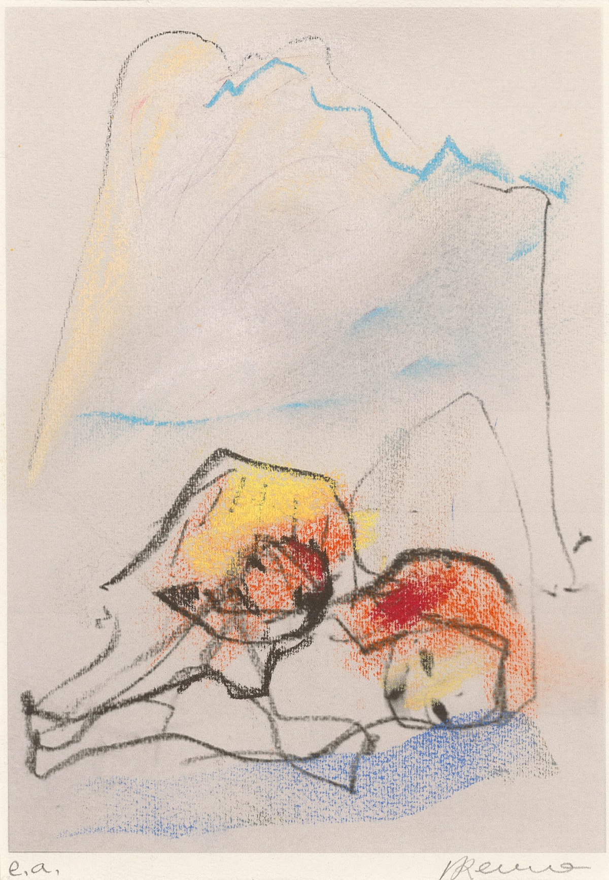 Zeichnung einer liegenden Figur vor Bergpanorama.