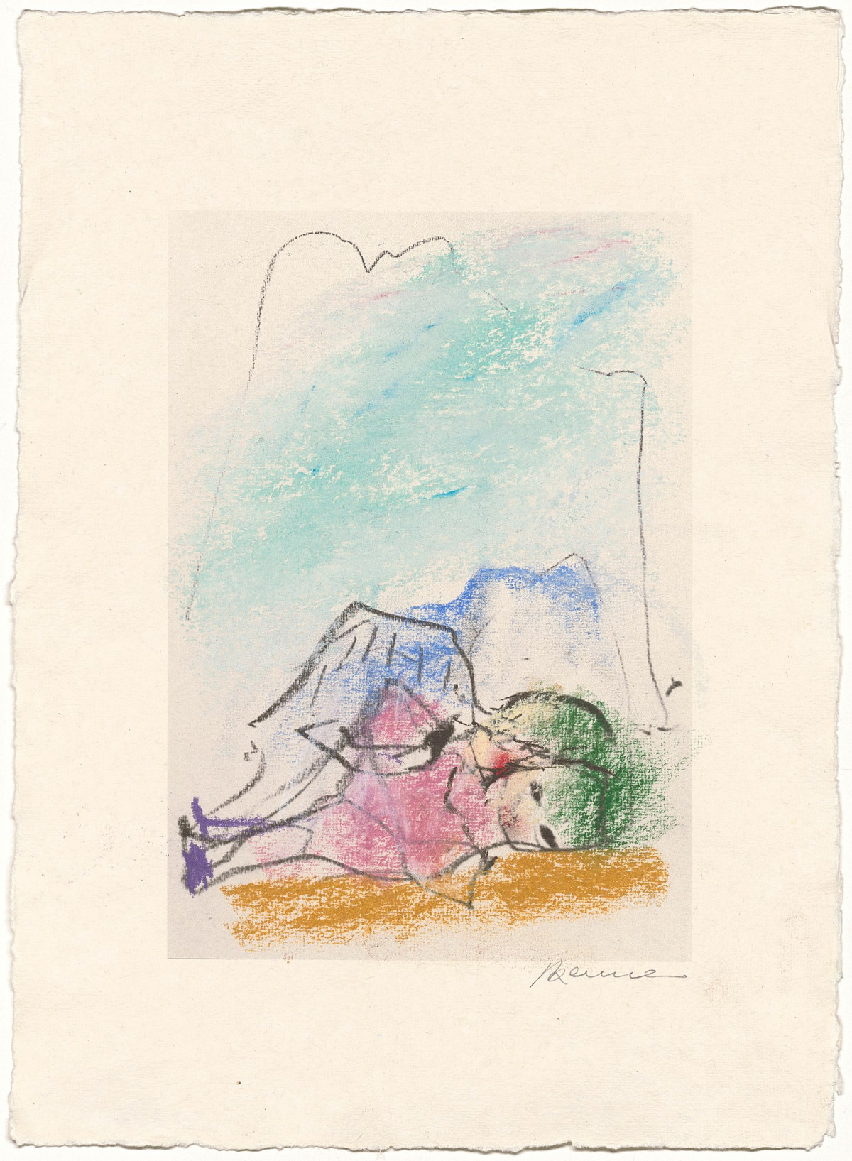 Zeichnung einer liegenden Figur vor Bergpanorama.