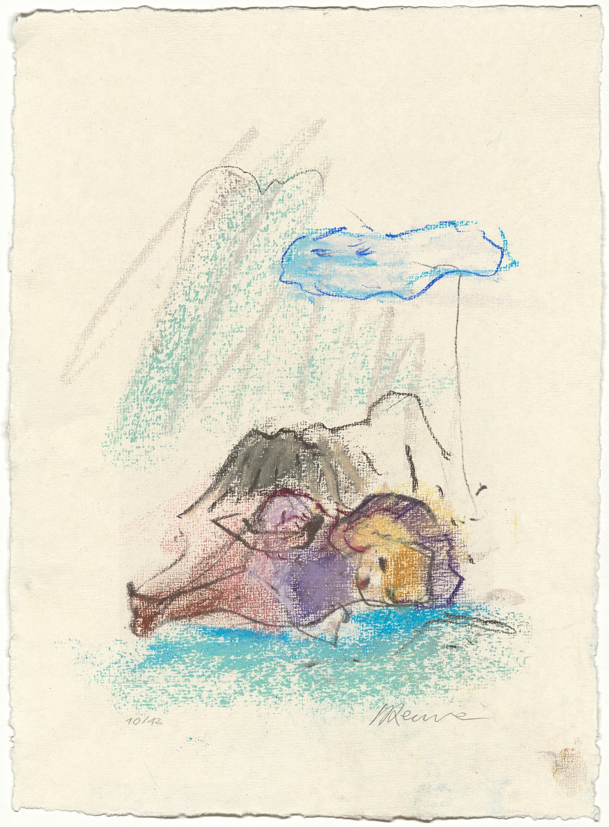 Drawing of a reclining figure in front of a mountain panorama.