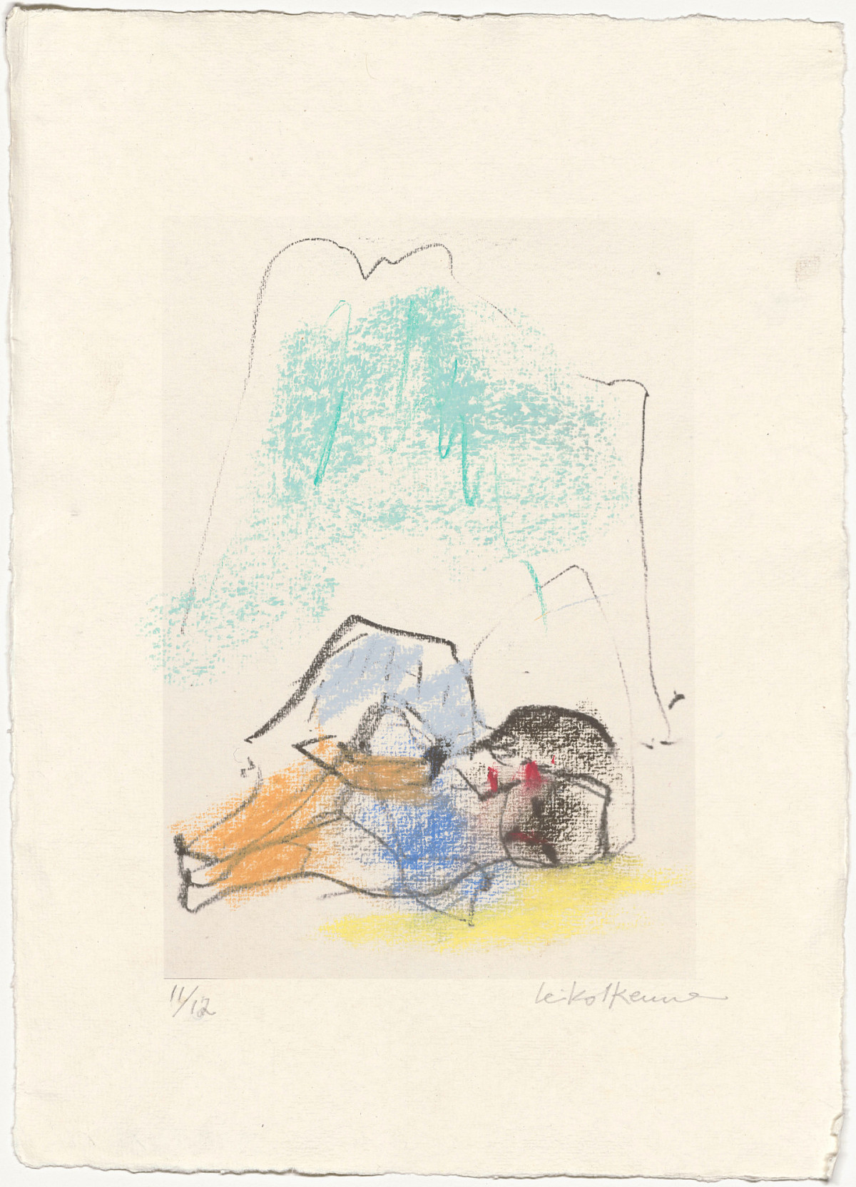 Drawing of a reclining figure in front of a mountain panorama.