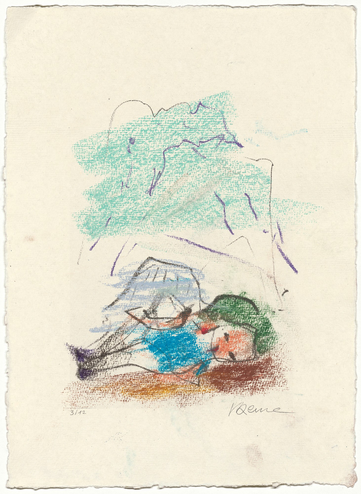 Drawing of a reclining figure in front of a mountain panorama.