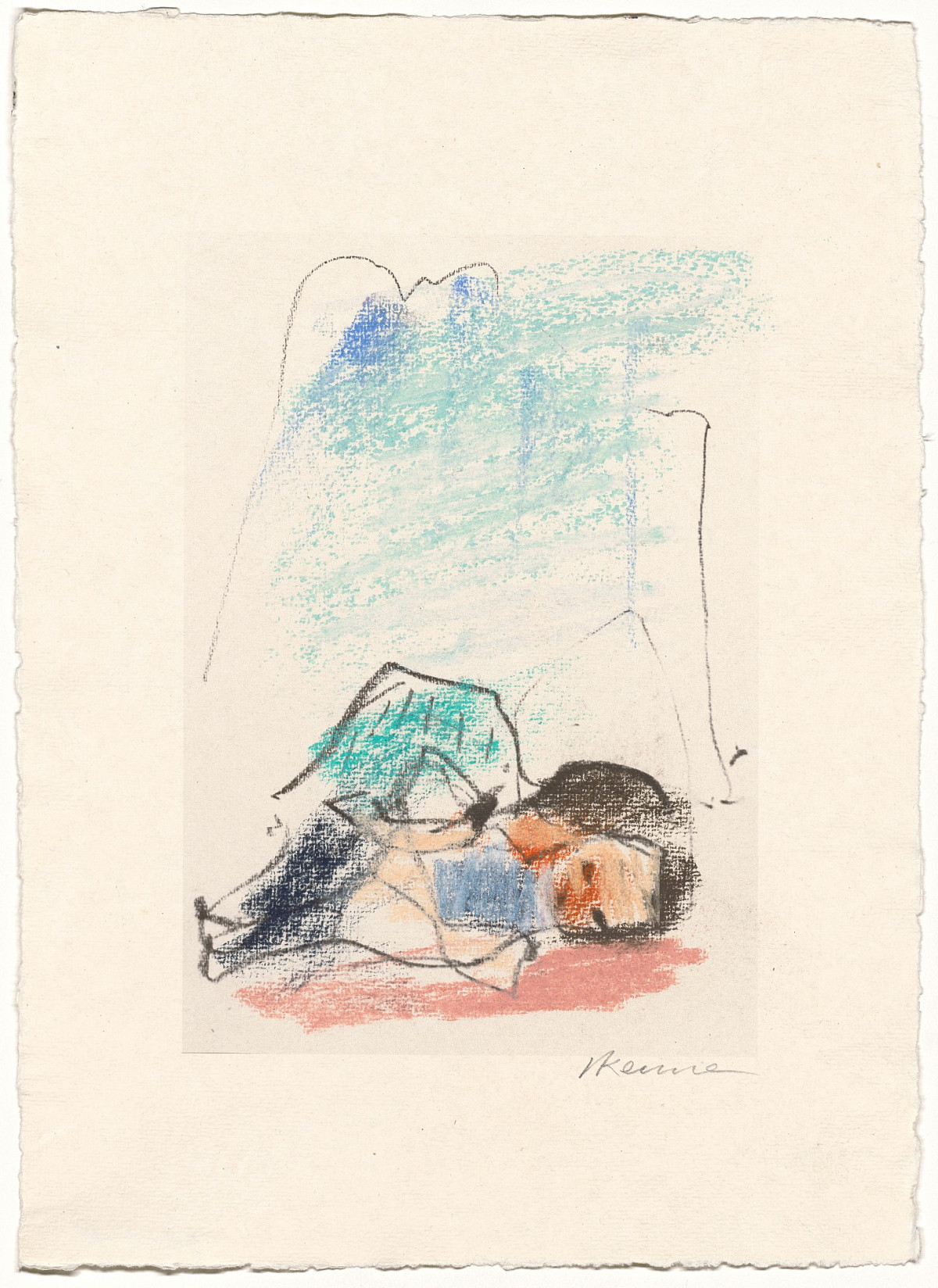 Zeichnung einer liegenden Figur vor Bergpanorama.