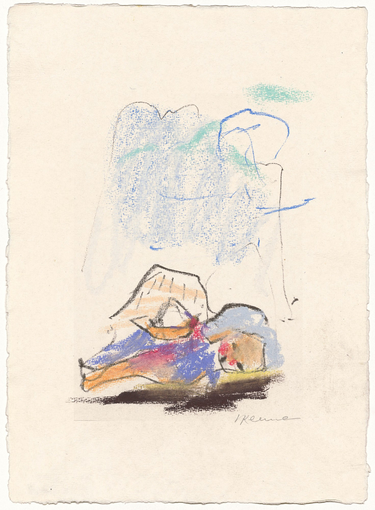 Zeichnung einer liegenden Figur vor Bergpanorama.