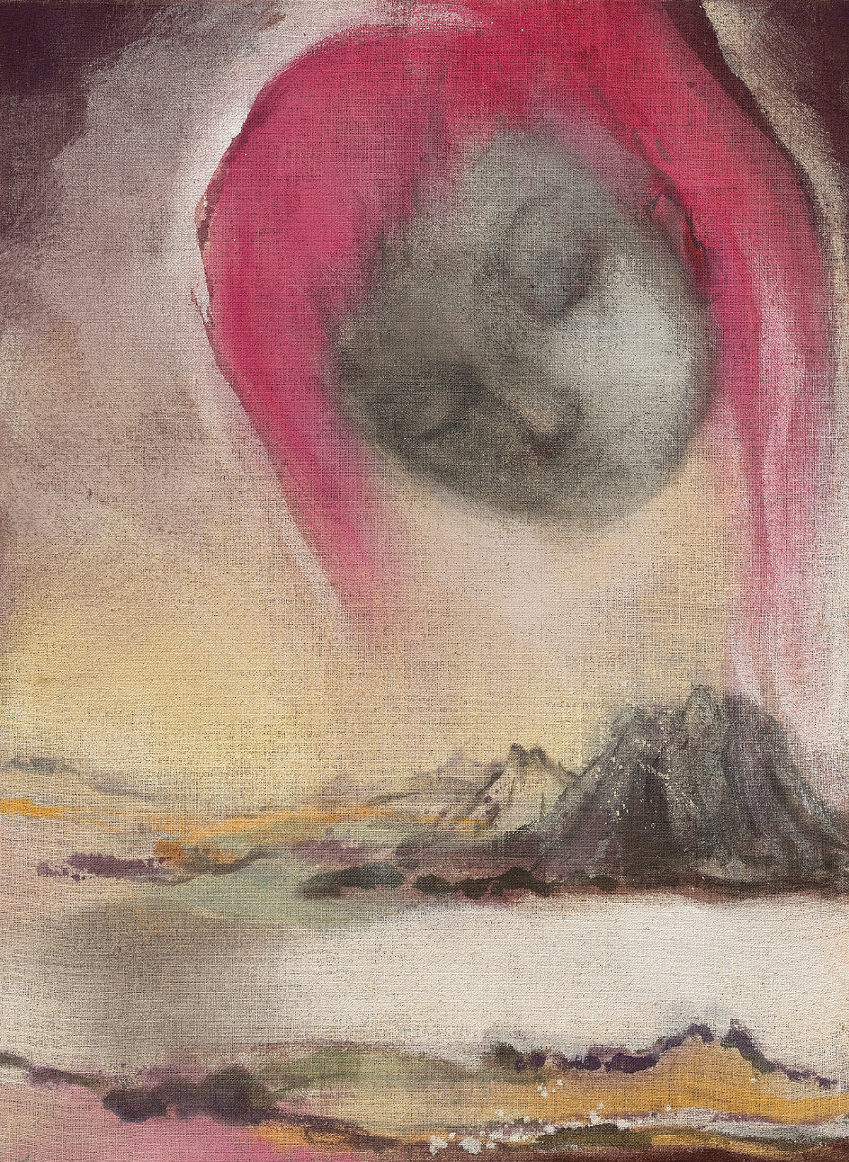 Porträt einer Figur mit rosafarbenem Haar vor hellem Hintergrund, darunter eine Berglandschaft.