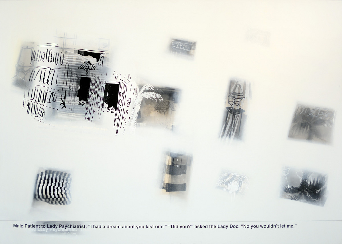 Mehrere kleine Schwarz-Weiß Zeichnungen verstreut über das ganze Bild. Darunter der englische Text:"Male Patient to Lady Psychiatrist: "I had a dream about you last nite." "Did you?" asked the Lady Doc. "No you wouldn't let me."