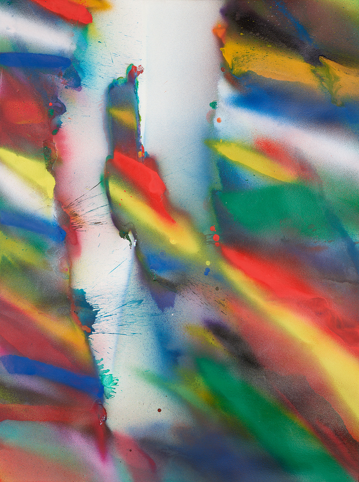 Abstract composition with broad, overlapping bands of color and sprayed marks on paper.