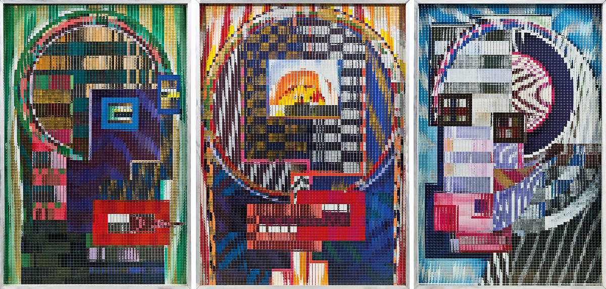 Drei Bilder nebeneinander, die jeweils ein Gesicht darstellen, das aus geometrischen Formen und Mustern zusammengestellt ist.