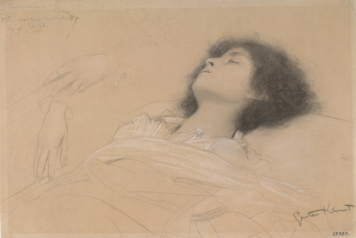 A drawing of a woman sleeping in bed. Behind her are two drawn hands.
