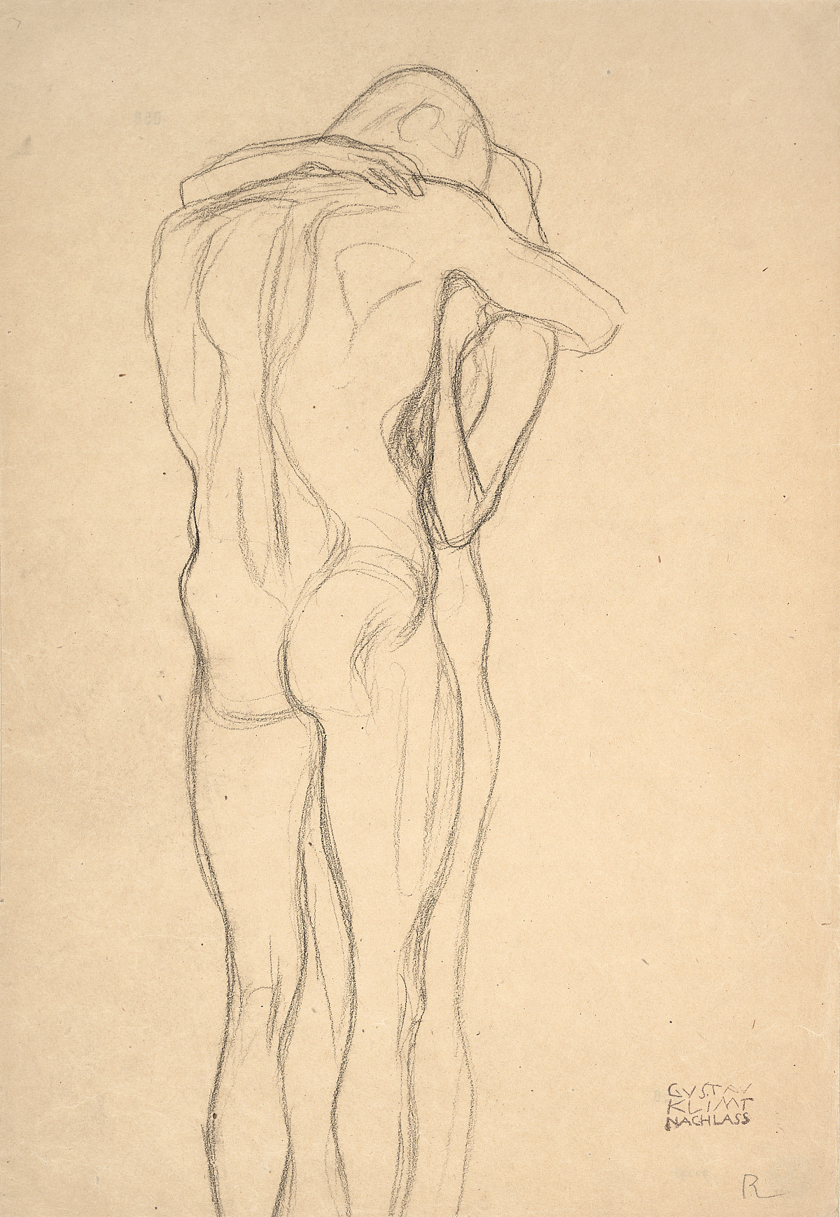 A drawing of a naked man seen from behind, embracing another person.
