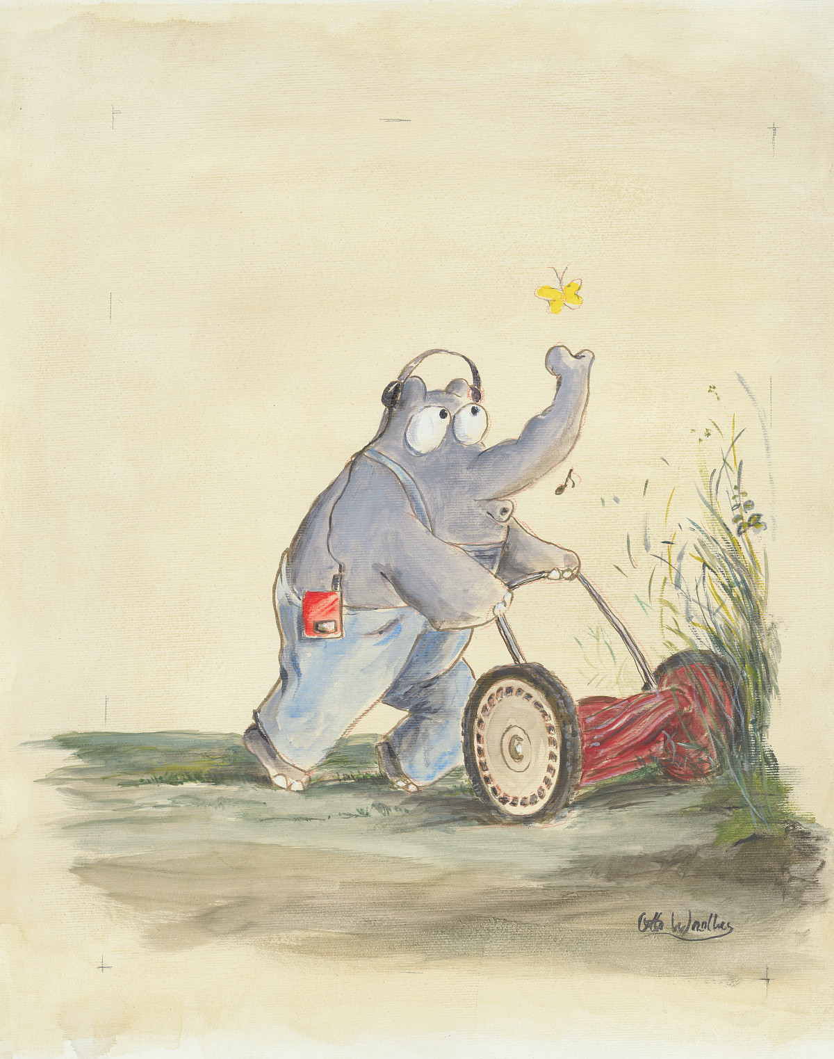 Ein Ottifant pfeifend mit Walkman und Kopfhörern, der ein Rasenstück mit einem Rasenmäher abschneidet.