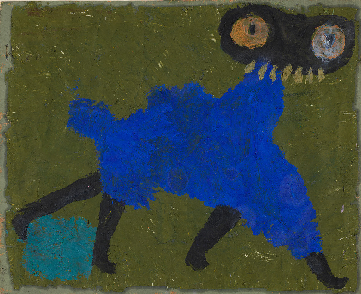 Gemälde: Eine vierbeinige Gestalt mit großen Augen und Zähnen in einem blauen Gewand vor einem grünen Hintergrund.