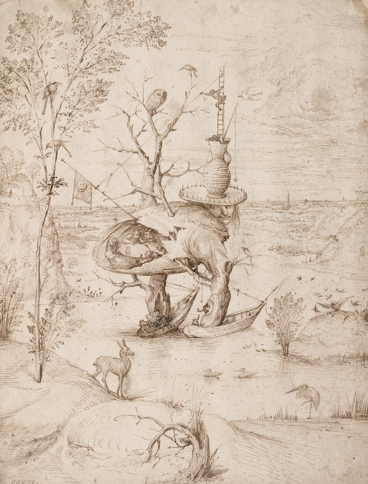 Zeichnung eines menschenähnlichen Wesens mit baumstammartigen Beinen und eiförmigem Körper; die Figur steht in einer fantastischen Landschaft mit Wasser, Gebäuden und zahlreichen kleinen Szenen.