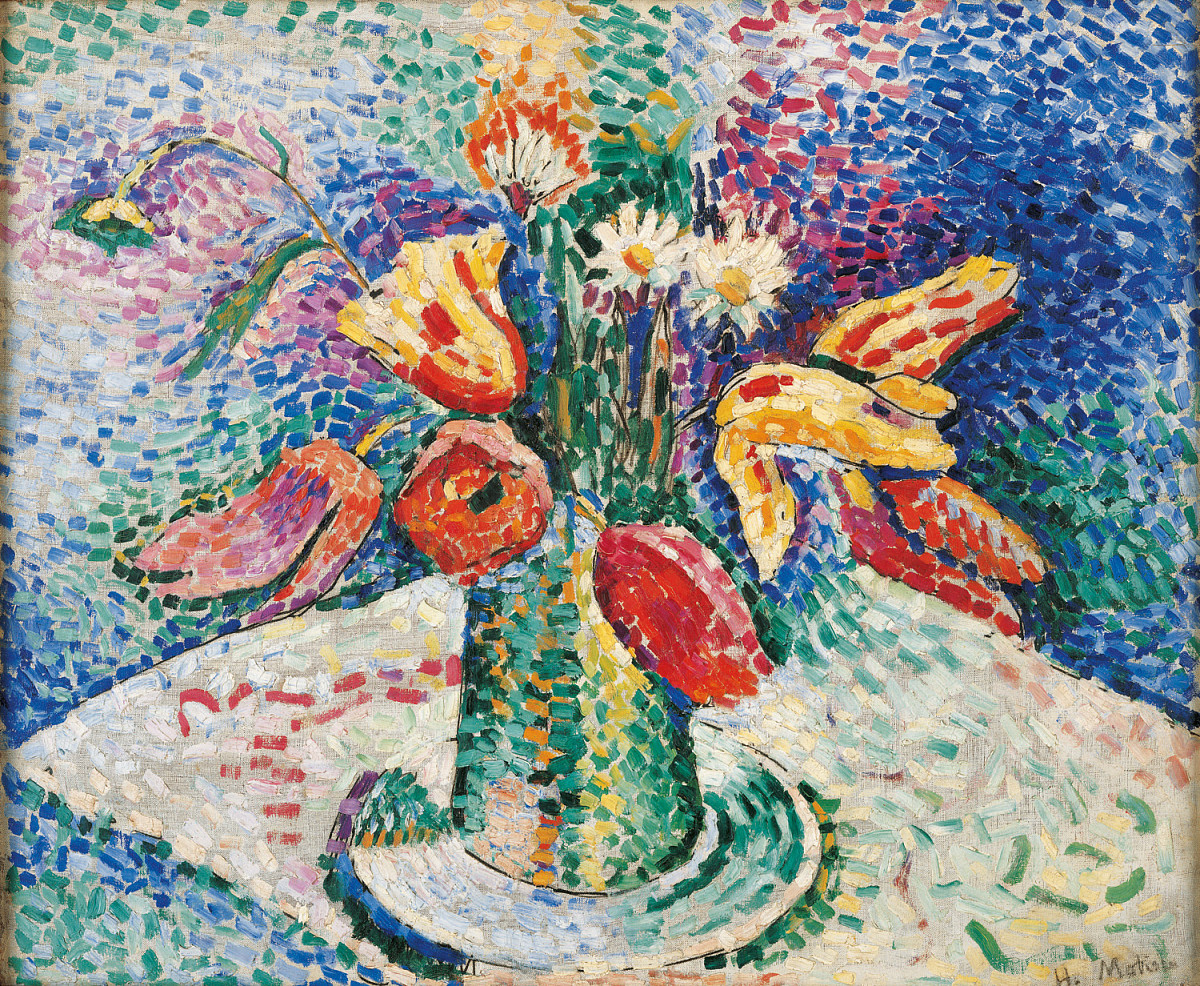 A painting of a colorful bouquet of flowers on a table.