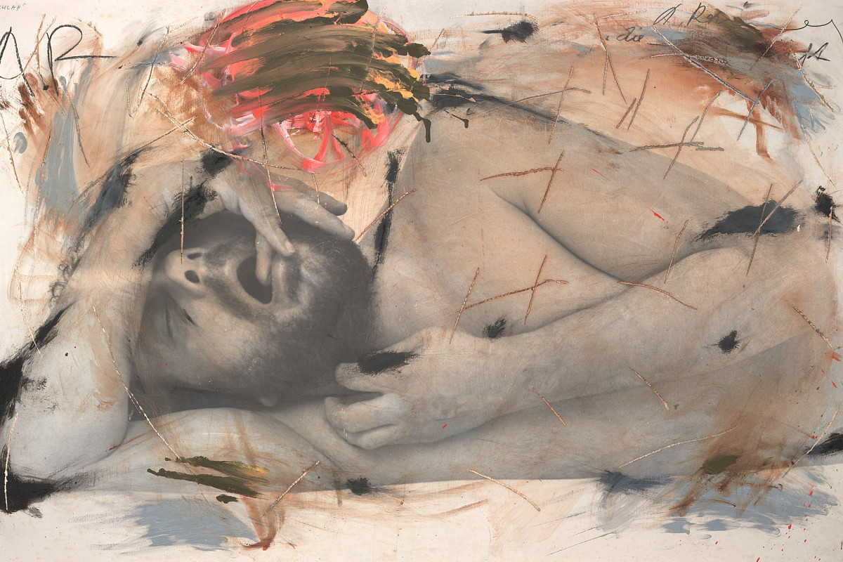 A painting of a man lying on his side asleep, with a finger in his mouth.