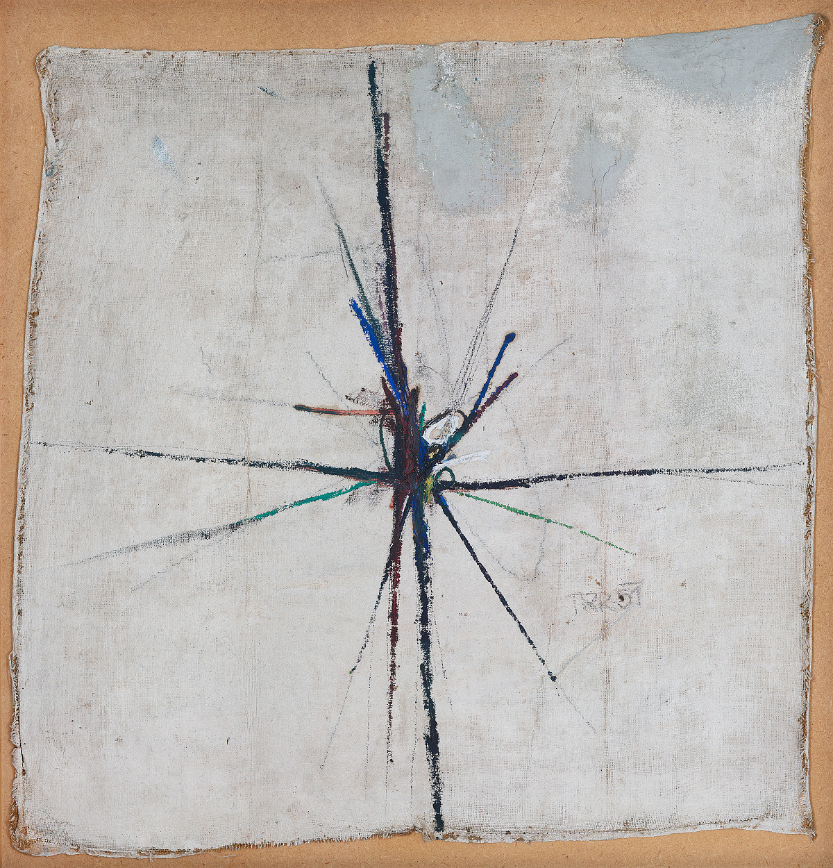 On a light background, there are dark lines that run across each other and intersect in the center.