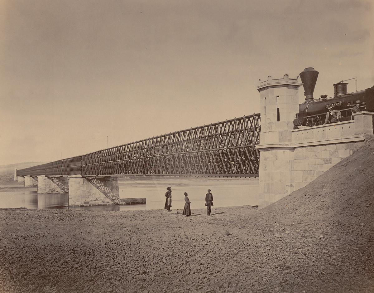 Adolf Schoon von Corbitzthal: Eisenbahnbrücke über den Dnister bei Halicz (heute: Halitsch, Ukraine), 1866/67