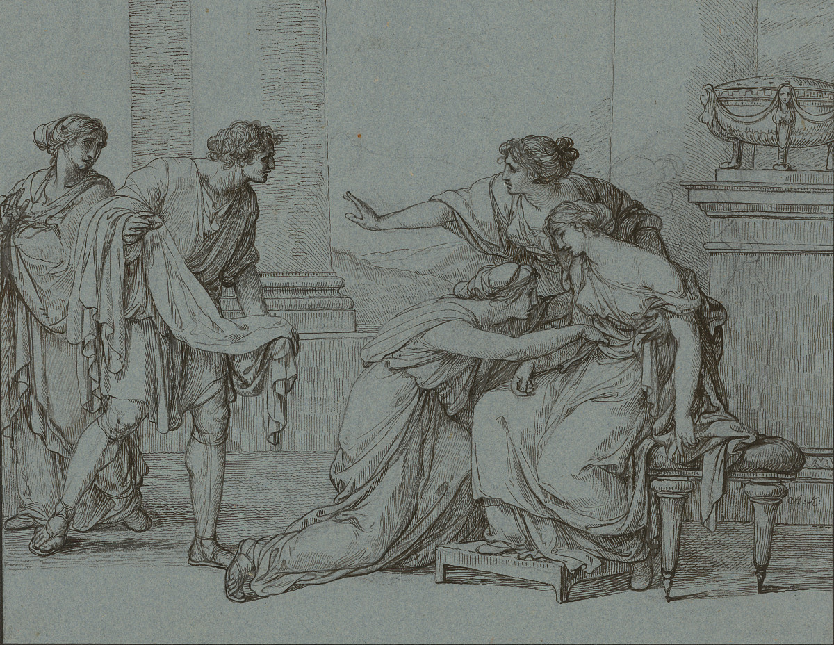 A woman is sitting on a stool, leaning against a woman standing next to her and supported by a woman kneeling in front of her. A man is standing across from her, holding a tunic in his hand.