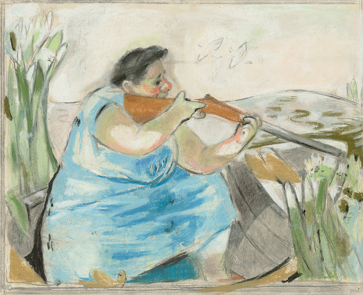 A woman kneeling in a blue dress, holding a rifle.