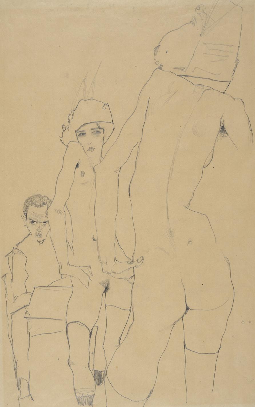 Egon Schiele: Schiele mit Aktmodell vor dem Spiegel, 1910