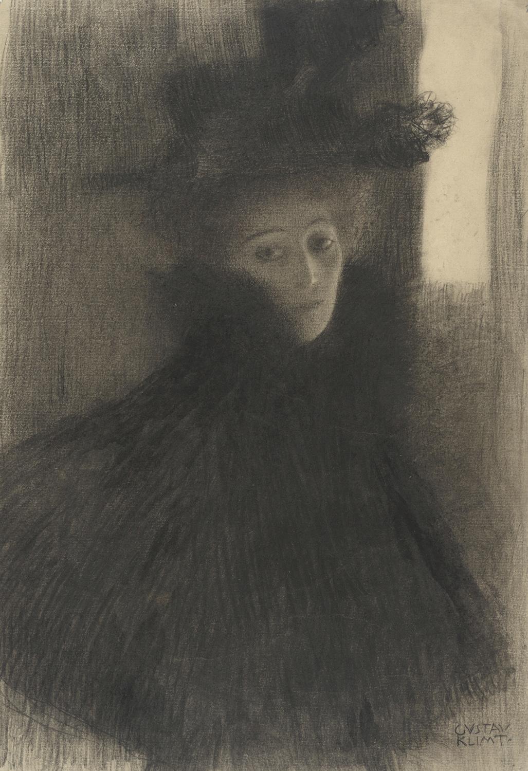 Gustav Klimt: Bildnis einer Dame mit Cape und Hut im Dreiviertelprofil, 1897−98