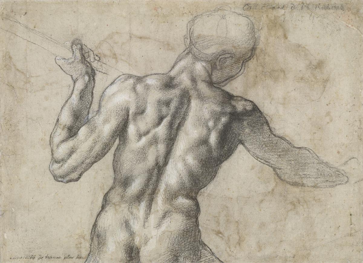 Michelangelo Buonarroti: Männlicher Rückenakt mit Fahnenstange, um 1504